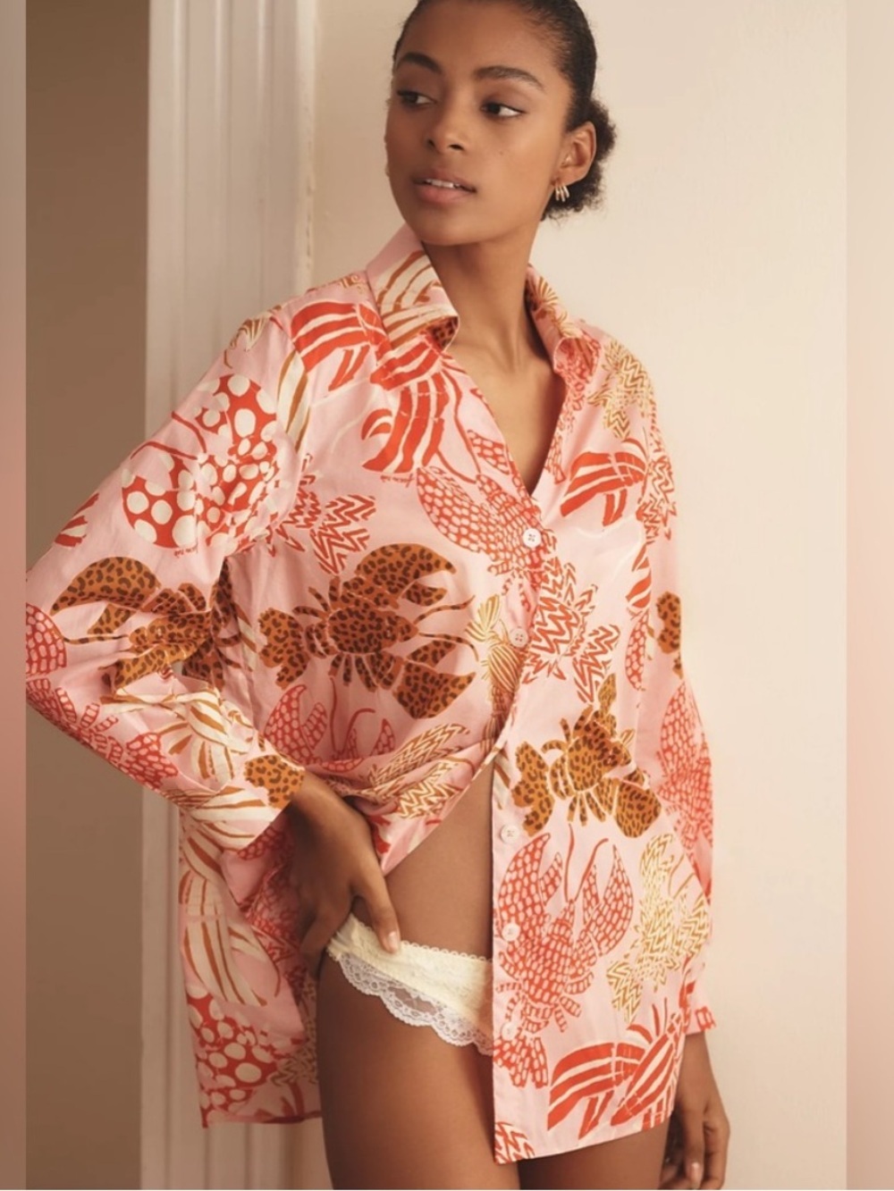 Farm Rio Anthropologie 
Buttondown Shirt Lobster Print Small